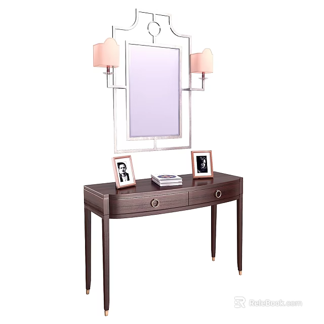 Elegant Dressing Table With Wall Mirror Side Lamps Photo Frames And Decorative Books 3d model