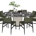 Elegant Round Dining Table Set With Marble Top Chairs Tableware And Green Plant 3d model