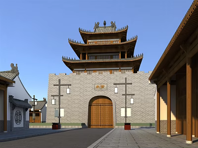 Ancient Chinese Architecture Tower With Multi Layered Eaves Gray Brick Walls And Wooden Gate 3d model
