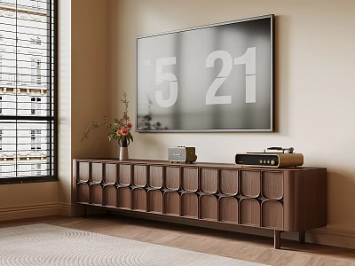 Modern Wooden TV Stand With Geometric Doors Vase Vintage Radio And Large TV 3d model