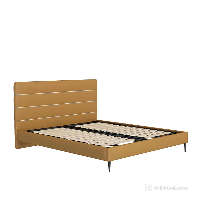 Modern Double Bed With Brown Striped Headboard Black Metal Legs And Slat Support 3d model 