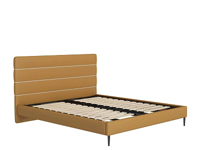 Modern Double Bed With Brown Striped Headboard Black Metal Legs And Slat Support 3d model