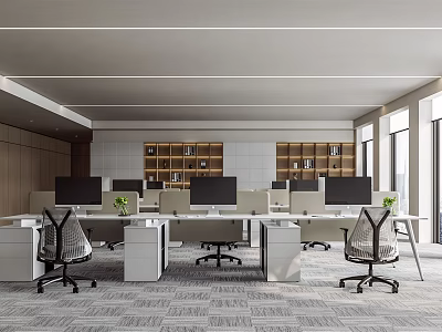 Modern Public Office Space With Work Desks Computers Ergonomic Chairs Bookshelves And Open Layout 3d model