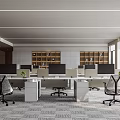 Modern Public Office Space With Work Desks Computers Ergonomic Chairs Bookshelves And Open Layout