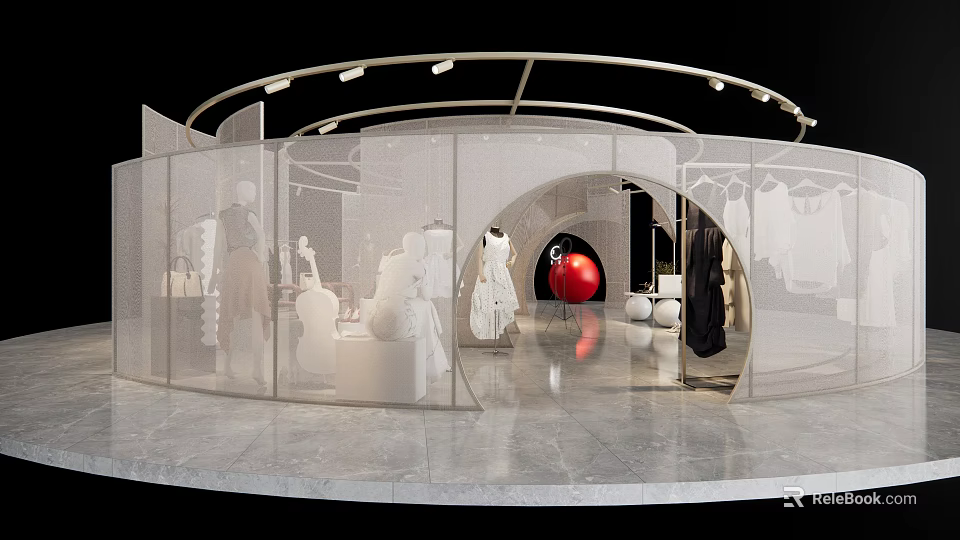 Modern Clothing Store Interior With Curved Design Transparent Partitions And Mannequins 3d model 