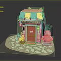 Art Stickers Shop Building With Red Door Green Yellow Striped Awning Stone Statue And Plants