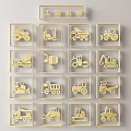 Golden Construction Machinery Wall Decor With Square Frames Grid Arrangement 3d model