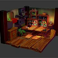 Cartoon Scene of Wooden Room with Wooden Desk Shelves Bottles Plant and Warm Lighting Stairs