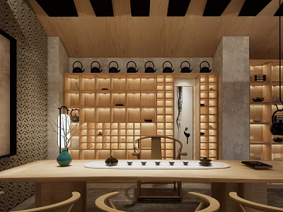 Traditional Chinese Shopping Mall Store With Wooden Shelves Tea Sets And Long Wooden Table 3d model
