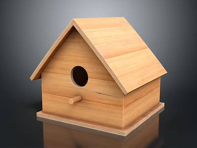 Natural Wooden Birdhouse Design With Sloped Roof Circular Entrance And Stable Base 3d model