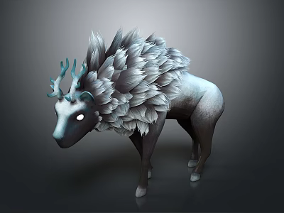 Game Fantasy Creature Character With Blue Antlers White Eyes And Gray Feathery Fur 3d model