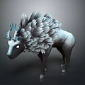 Game Fantasy Creature Character With Blue Antlers White Eyes And Gray Feathery Fur