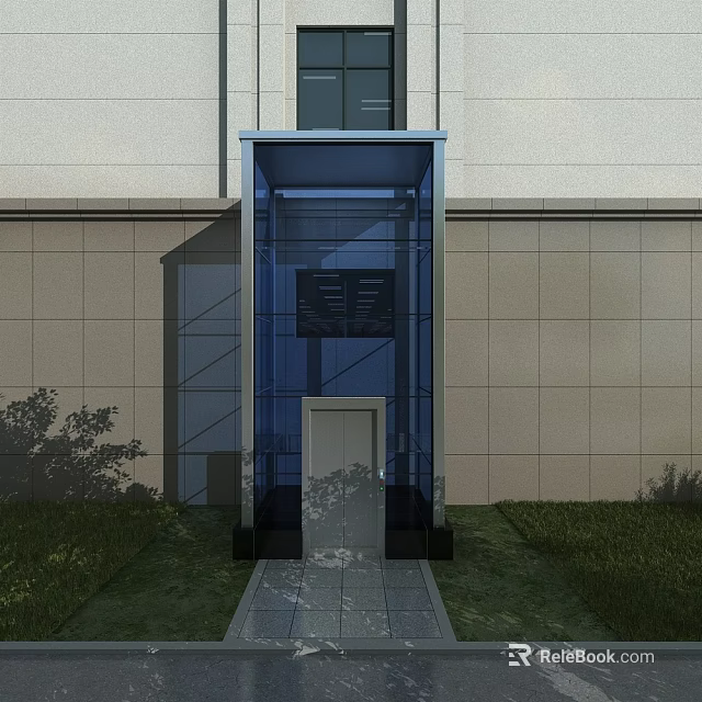 Modern Building Exterior Design With Transparent Glass Elevator And Grass Shrubs 3d model 