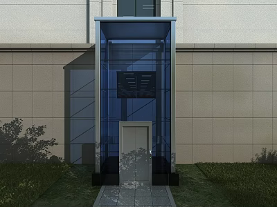Modern Building Exterior Design With Transparent Glass Elevator And Grass Shrubs 3d model