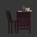 Deep Red Writing Desk With Matching Chair Open Notebook Quill Pen Inkwell And Lamp