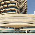 Modern Commercial Complex Architectural Design With Curved Structure Glass Elements And Multi-level Facade