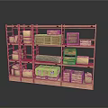 Wooden Storage Shelf With Multiple Layers Holding Various Boxes And Storage Containers 3d model