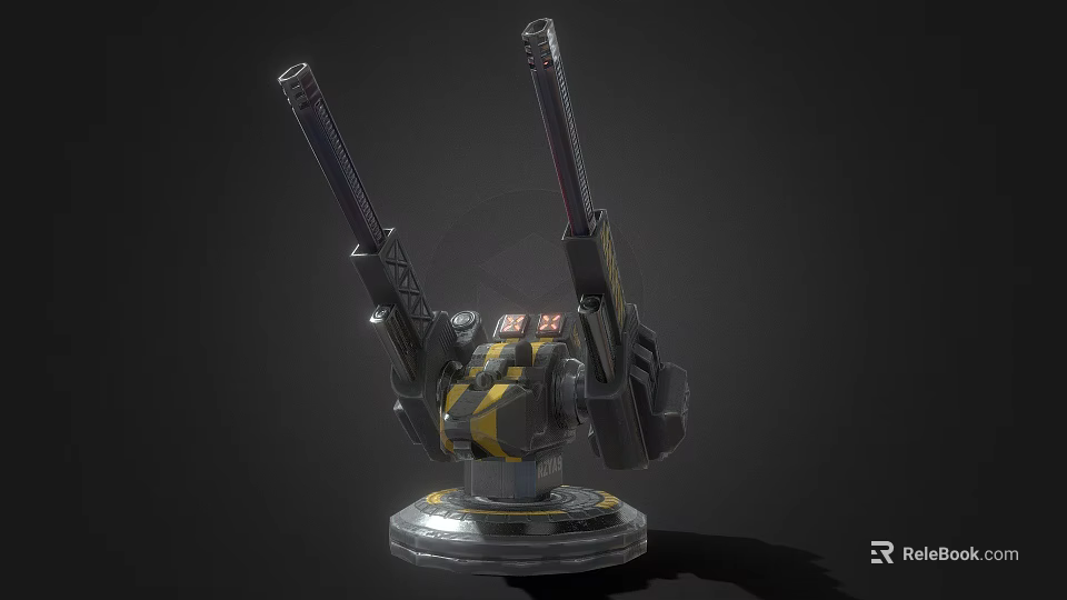 Industrial Dual Barrel Weapon With Yellow Gray Turret And Mechanical Base 3d model 