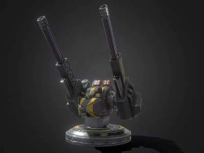 Industrial Dual Barrel Weapon With Yellow Gray Turret And Mechanical Base 3d model