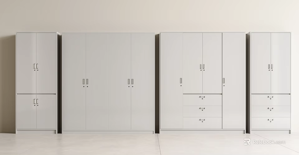 Modern White Wardrobe Storage Cabinet With Multiple Doors And Drawers Design 3d model 