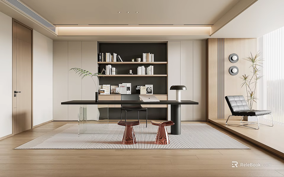 Modern Study Room Interior Featuring Black Bookshelf Books Decor Long Desk And Chair 3d model 