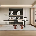 Modern Study Room Interior Featuring Black Bookshelf Books Decor Long Desk And Chair