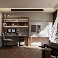Study Room Interior Design With Wooden Desk Bookshelf Digital Clock White Curtains And Potted Plant