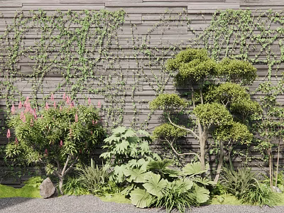 Lush Plant Combination With Green Vines Wooden Wall Pink Flowers Large Green Leaves And Pruned Trees 3d model