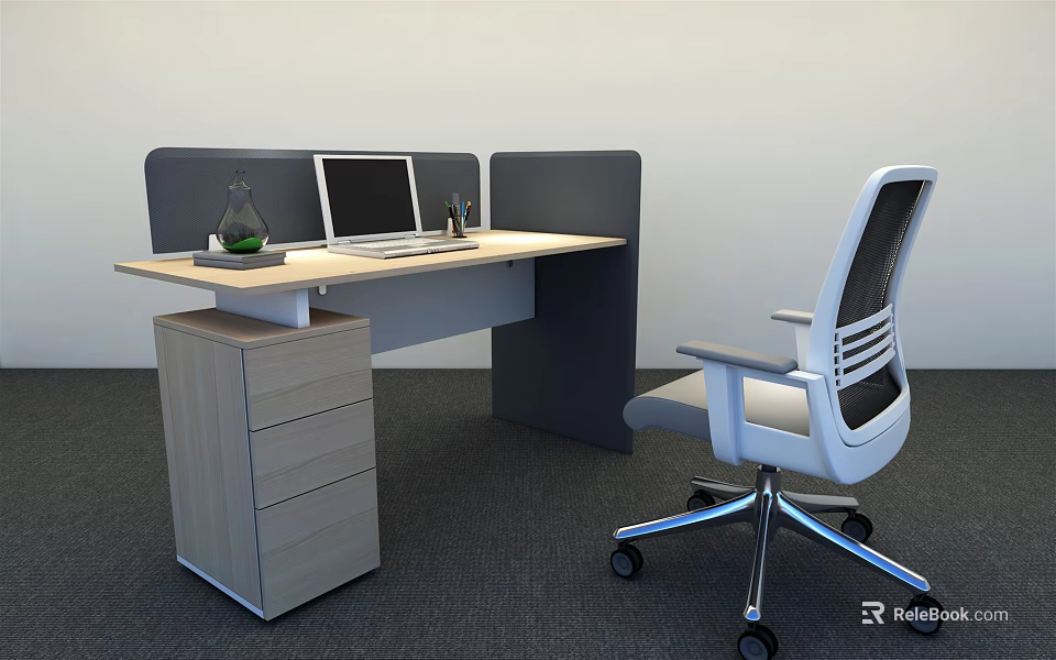 Modern Office Desk With Laptop Vase And Drawer Cabinet Plus Ergonomic Chair 3d model 