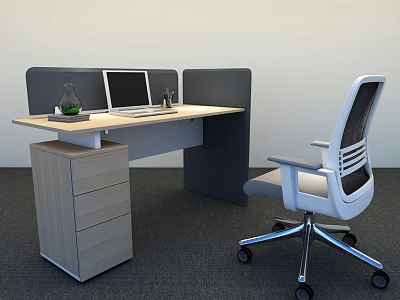 Modern Office Desk With Laptop Vase And Drawer Cabinet Plus Ergonomic Chair 3d model