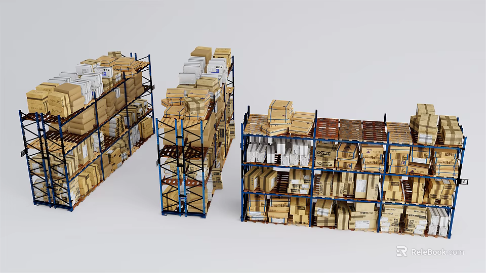 Sturdy Storage Shelves With Multiple Layers Holding Boxes And Goods In Warehouse 3d model