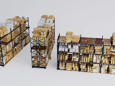 Sturdy Storage Shelves With Multiple Layers Holding Boxes And Goods In Warehouse 3d model