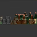 Assorted Household Items Including Green Bottles Wooden Barrels And Metal Cups