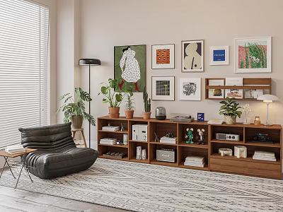 Comfortable Lazy Sofa in Modern Living Room with Wooden Bookshelf Green Plants and Wall Artworks 3d model
