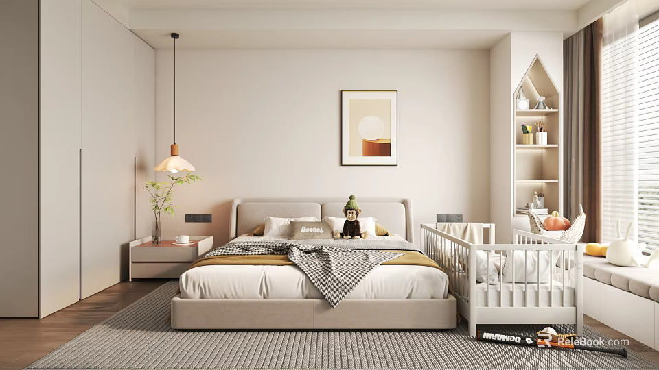 Kids Room Interior Design With Beige Bed White Crib Pendant Light And Artwork 3d model 