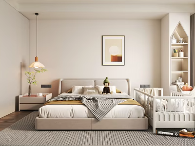 Kids Room Interior Design With Beige Bed White Crib Pendant Light And Artwork 3d model
