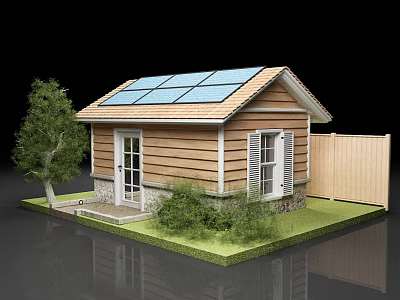 Traditional European style Architecture with Solar Panels Wooden Exterior White Shutters Tree and Green Lawn 3d model