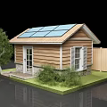 Traditional European style Architecture with Solar Panels Wooden Exterior White Shutters Tree and Green Lawn