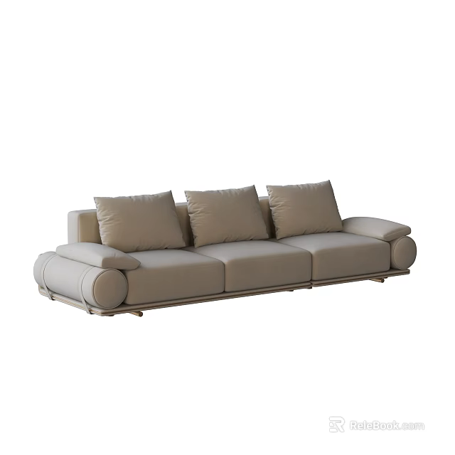 Modern Beige Upholstered Multi Seater Sofa With Three Cushions And Armrests 3d model