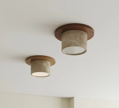 Two Modern Ceiling Lights With Wooden Base And Textured Shade On White Ceiling 3d model