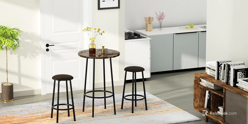 Round Marble Top Dining Table With Black Metal Frame And Two Stools In Kitchen Area 3d model