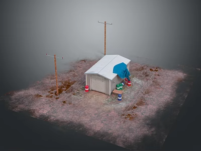 Small Outdoor Shed With White Roof And Telephone Poles Near Buckets On Dirt Ground 3d model