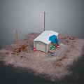 Small Outdoor Shed With White Roof And Telephone Poles Near Buckets On Dirt Ground