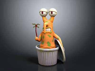 Orange Green Spotted Monster With Big Eyes Antennae Holding Fork In Striped Bucket Open Lid 3d model