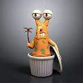 Orange Green Spotted Monster With Big Eyes Antennae Holding Fork In Striped Bucket Open Lid
