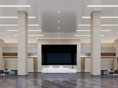 Modern Lobby Reception Desk Interior Design With Columns And Lighting Fixtures 3d model