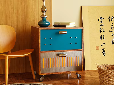 Stylish Wooden Blue Bedside Table with Drawers Metal Handles Vertical Stripes and Calligraphy Decor 3d model