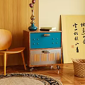 Stylish Wooden Blue Bedside Table with Drawers Metal Handles Vertical Stripes and Calligraphy Decor