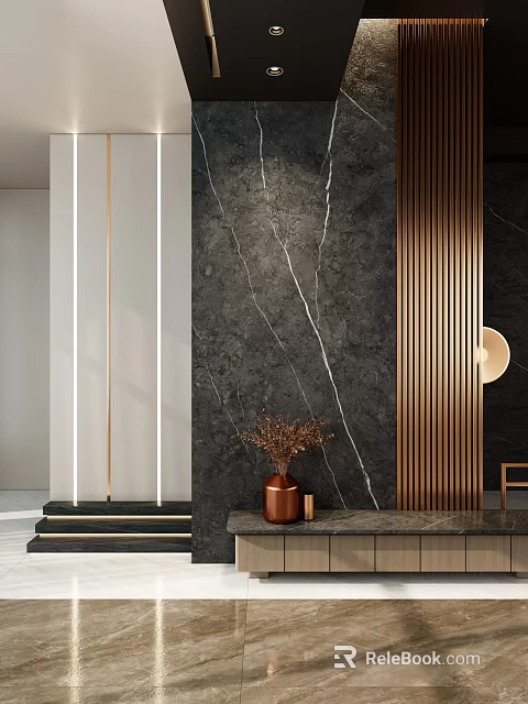 Modern Foyer Hallway With Dark Marble Wall Bronze Slats And Decor 3d model 