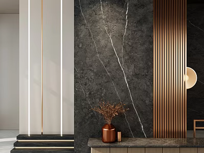 Modern Foyer Hallway With Dark Marble Wall Bronze Slats And Decor 3d model